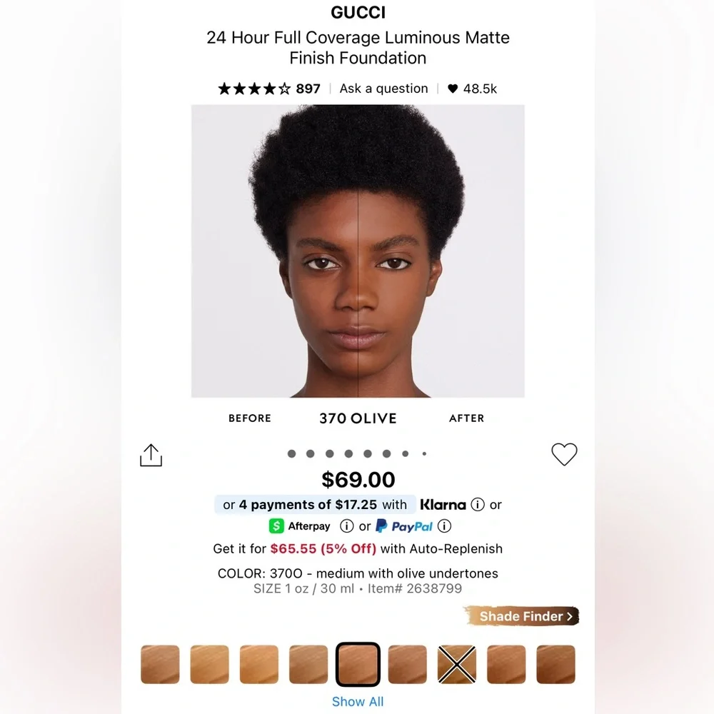 Gucci 24H Wear Breathable Foundation, Luminous Matte Finish in Shade 370O Medium